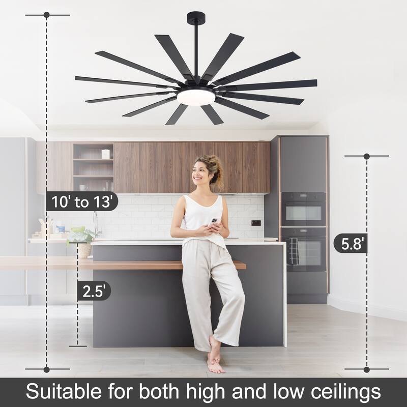 48"/52"/60"/72" Modern Black LED Ceiling Fan with Light Remote (3/5/6/8/12 Reversible Blades)