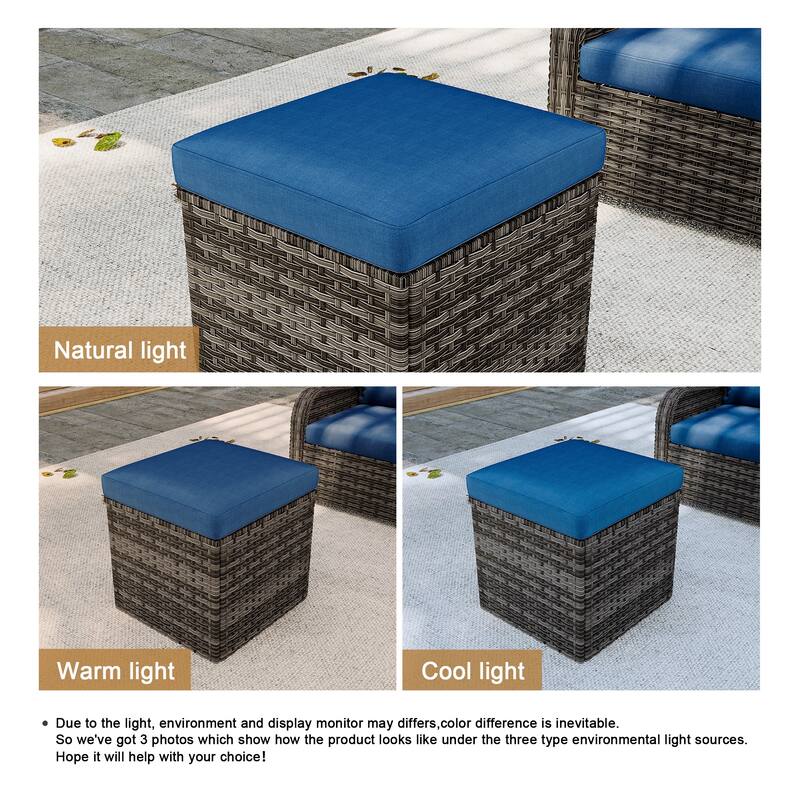 Outdoor Patio PE Wicker Ottoman with Cushion Set of 2