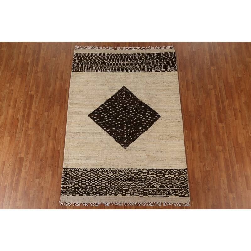 Hand Knotted Oriental 100% Wool Carpet Modern Tribal Beige & Ivories Moroccan Area Rug - 8' 1'' X 5' 8''