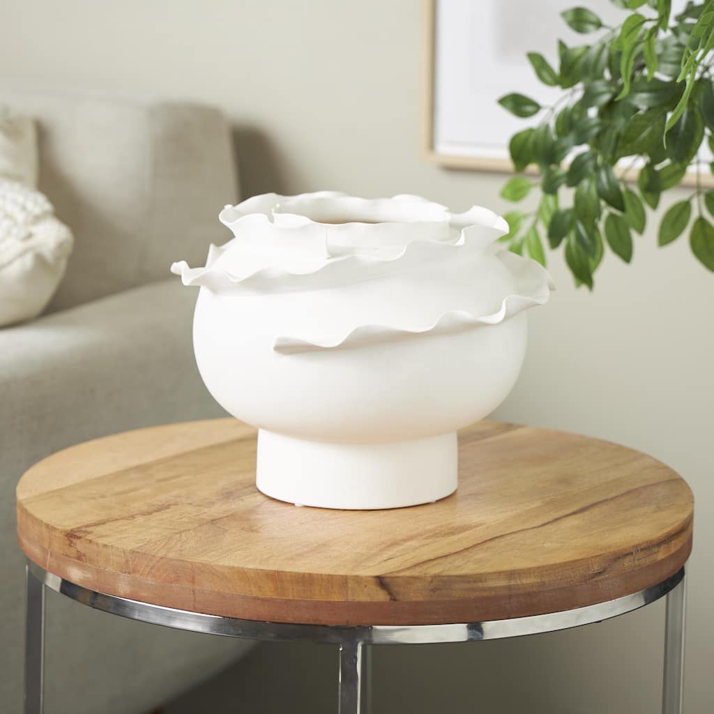 White or Black Ceramic Wide Rounded Floral Inspired Abstract Decorative Vase with Layered Petals