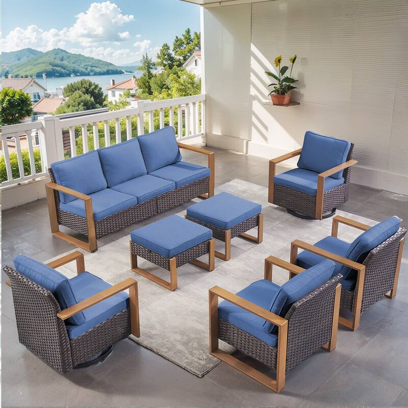 Gymojoy 7 Pieces Rattan Sofa,Gilder Chair, Patio Chair and Ottoman - Brown - Blue
