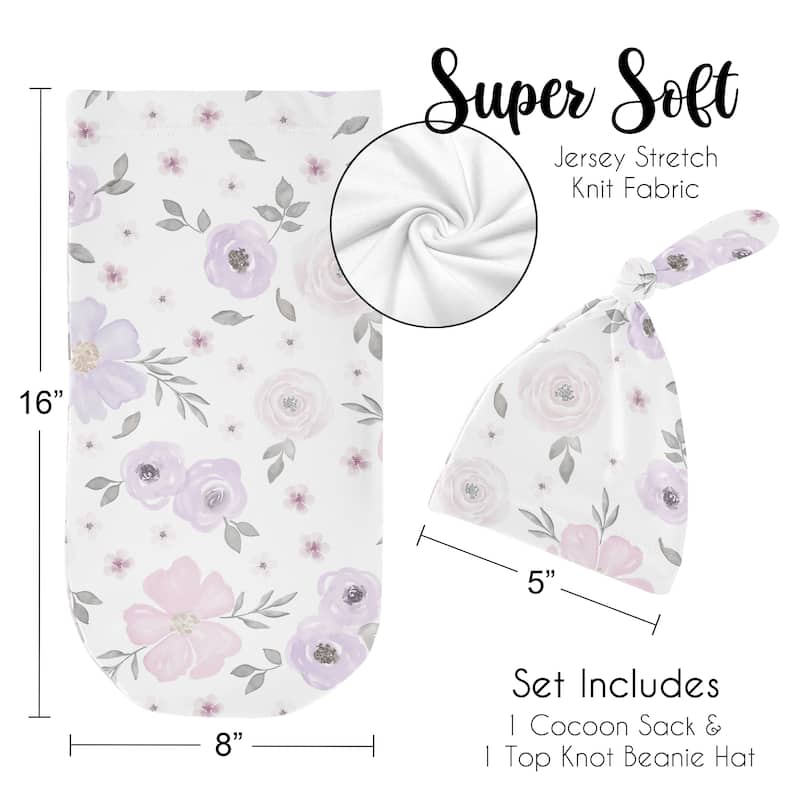 Watercolor Floral Collection Girl Baby Cocoon and Beanie Hat Sleep Sack - 2pc Set - Purple Pink Grey Boho Shabby Chic Flower