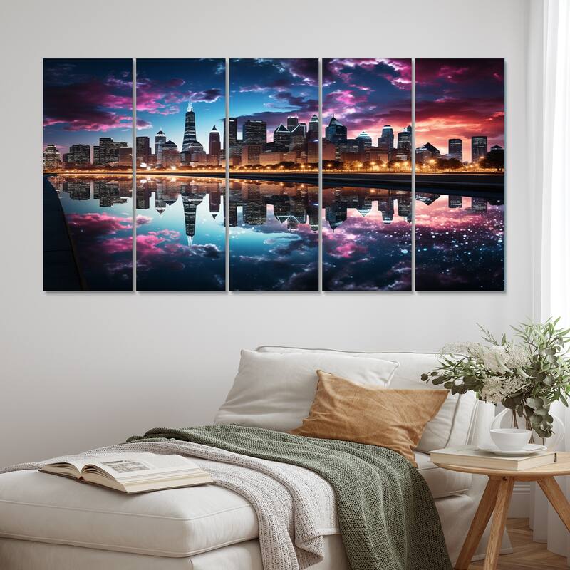 Designart "USA Chicago Skyscrapper Reflections" Cityscapes Multipanel Canvas Art Print set - 60 In. Wide X 28 In. High - 5 Panels Equal Panels