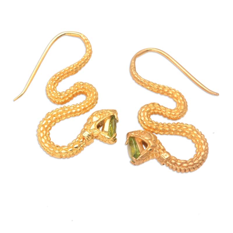 Novica Handmade Green Striking Snake Gold-Plated Peridot Drop Earrings