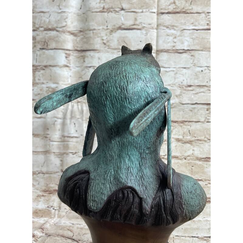 Native American Indian In Wolf Headdress Bronze Bust Statue Sculpture 14 Inches X 8 Inches