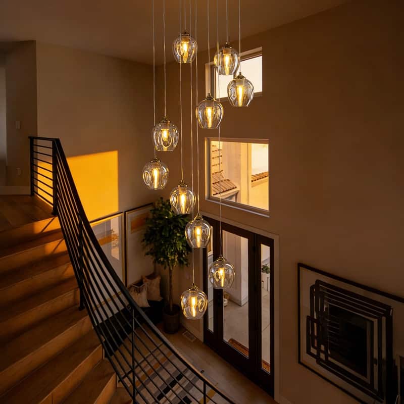 Modern Crystal Balls Pendant Light 10-Light Globe Raindrop Drop Lamp,Flush Mount Hanging Lighting Fixtures for Spiral Staircase