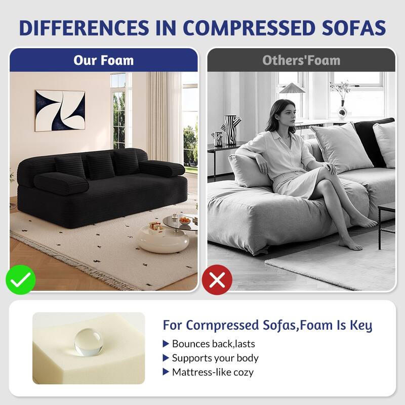 78.7" Convertible Sofa Bed, 2-in-1 Corduroy Couch with 3 Pillows, Modern Folding Boneless Couch