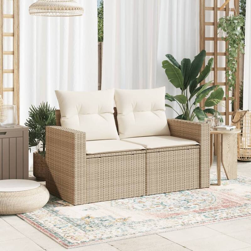 vidaXL Patio Sofa with Cushions 2-Seater Modular Couch Loveseat Poly Rattan - 24.4 x 51.6 x 27.2 in