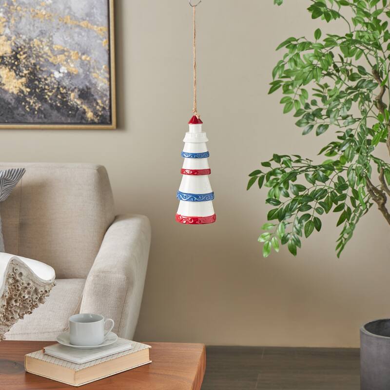 White Ceramic Light House Indoor Outdoor Windchime with Brown Rope and Blue and Red Accents - White