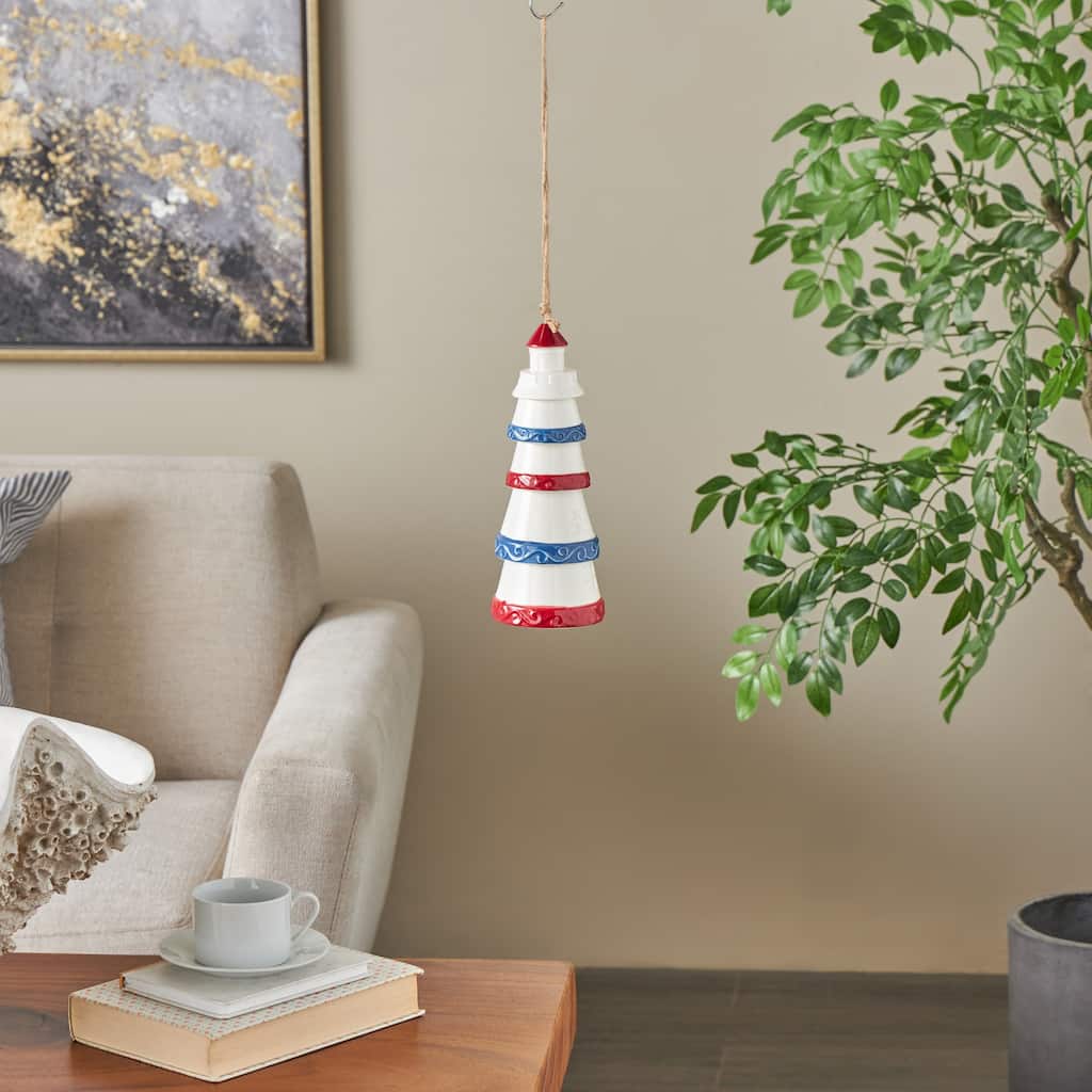 White Ceramic Light House Indoor Outdoor Windchime with Brown Rope and Blue and Red Accents