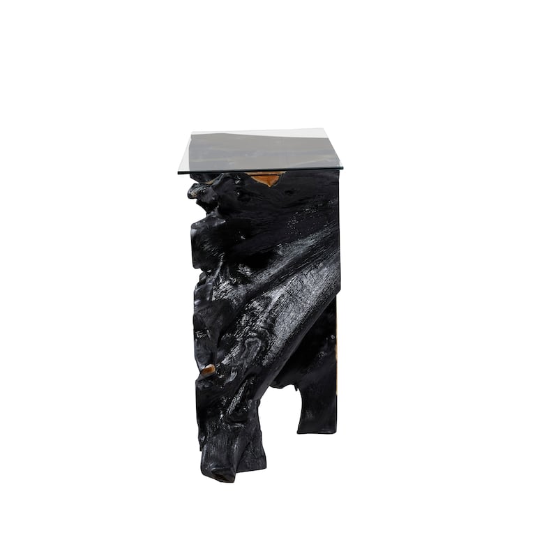 Teak Wood Handmade Live Edge Tree Stump Console Table with Clear Glass Top - Black - Roche River Decor - 16"W x 49"L x 32"H