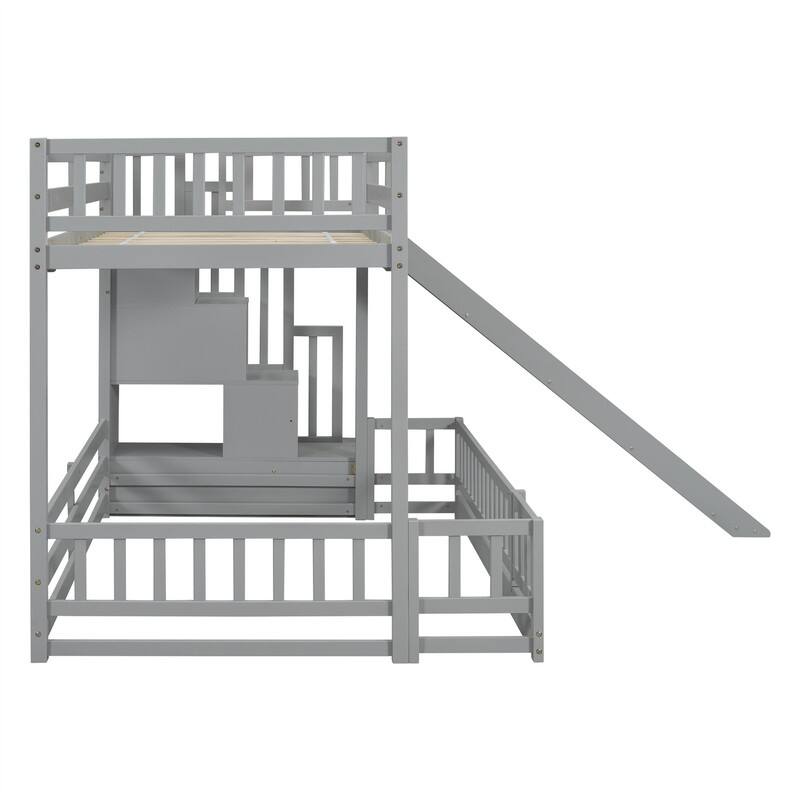 Twin Over Full Multifunctional Kids Bunk Bed Frame with Slide, Wooden Loft Bed with Storage Staircase and Guardrails