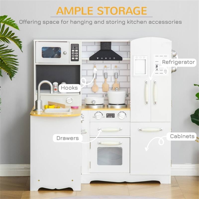 Kids Wooden Kitchen Playset with Light Sound Sink Coffee Maker and Storage White Blue Pretend Cooking Toy for Ages 3 and Up