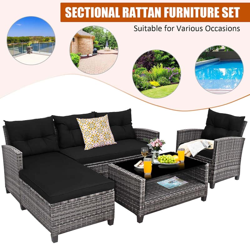 Gymax Set of 4 Rattan Furniture Set Sofa Ottoman Cushion Garden Deck