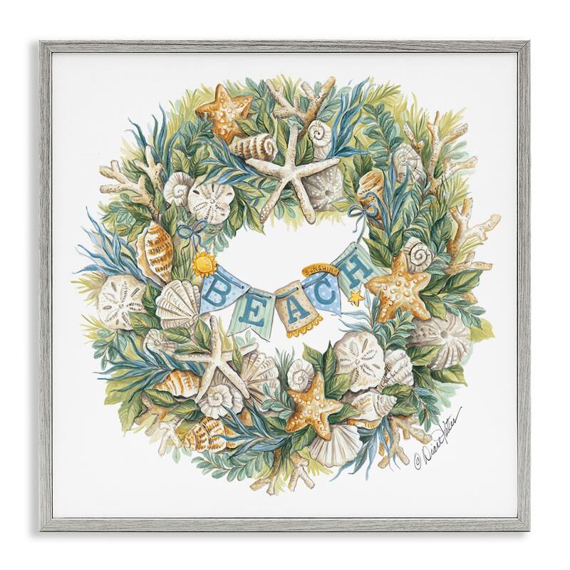 Stupell Holiday Beach Seashell Wreathe Nautical Christmas Framed Wall Art, 12 x 12 - Multi-Color - 12 x 12 - Wood - Grey