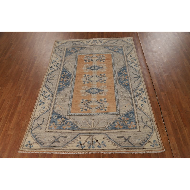 Vegetable Dye Orange Oushak Turkish Area Rug Hand-Knotted Wool Carpet - 5'7"x 7'11"