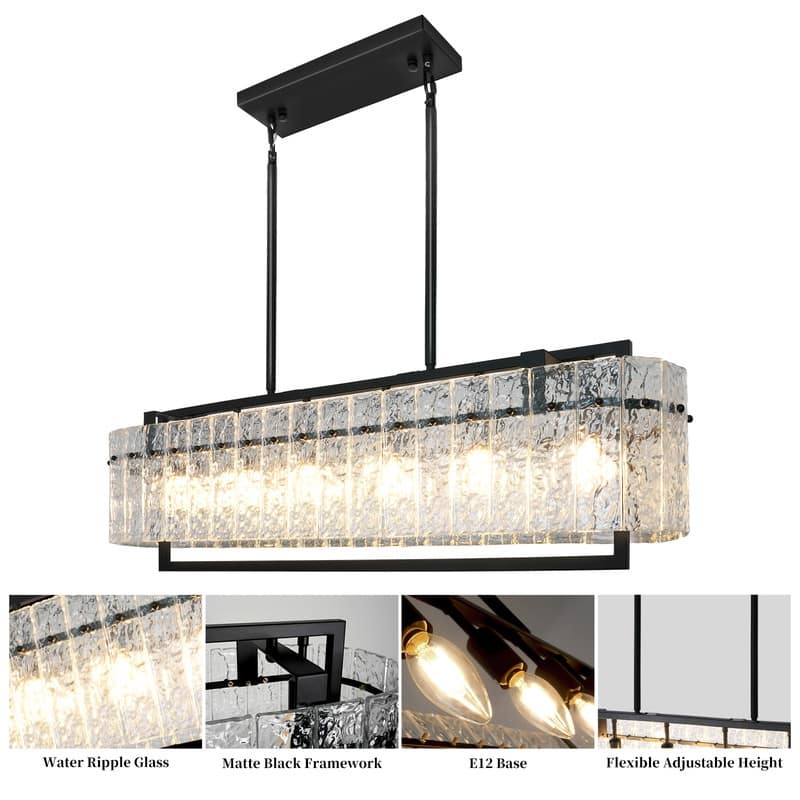 6 lights Rectangle Black Crystal Chandeliers for Dining Room, 39" Large Linear Water Ripple Glass Island Light Fixture