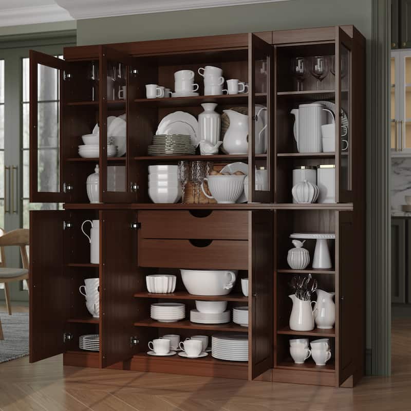 Palace Imports 100% Solid Wood Kitchen China Cabinet Pantry with Glass or Solid Wood Doors and 2-Drawer Kit - 65" x 71.5" - Mocha - 4 Clear Glass-4 Solid