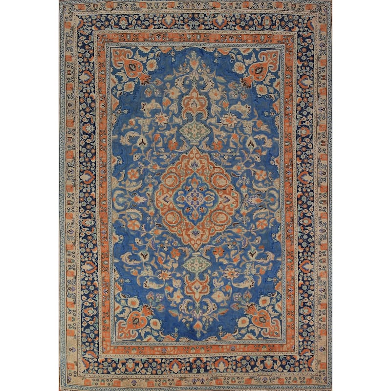 Blue & Orange Tabriz Persian Area Rug Handmade Wool Carpet - 6'8"x 9'3"