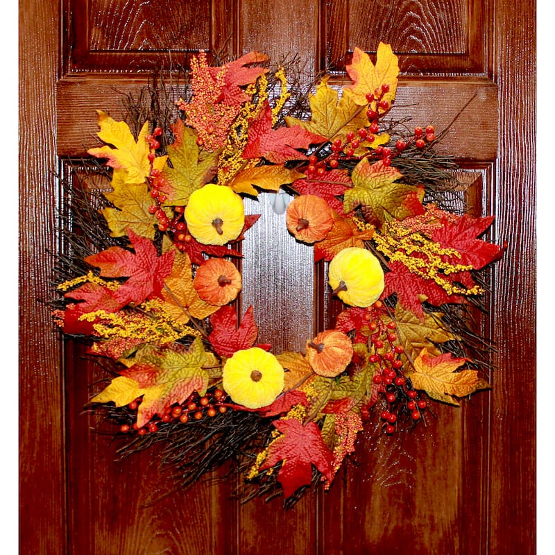 22" Pumpkin & Maple Leaf Fall Wreath on Twig Base - 22