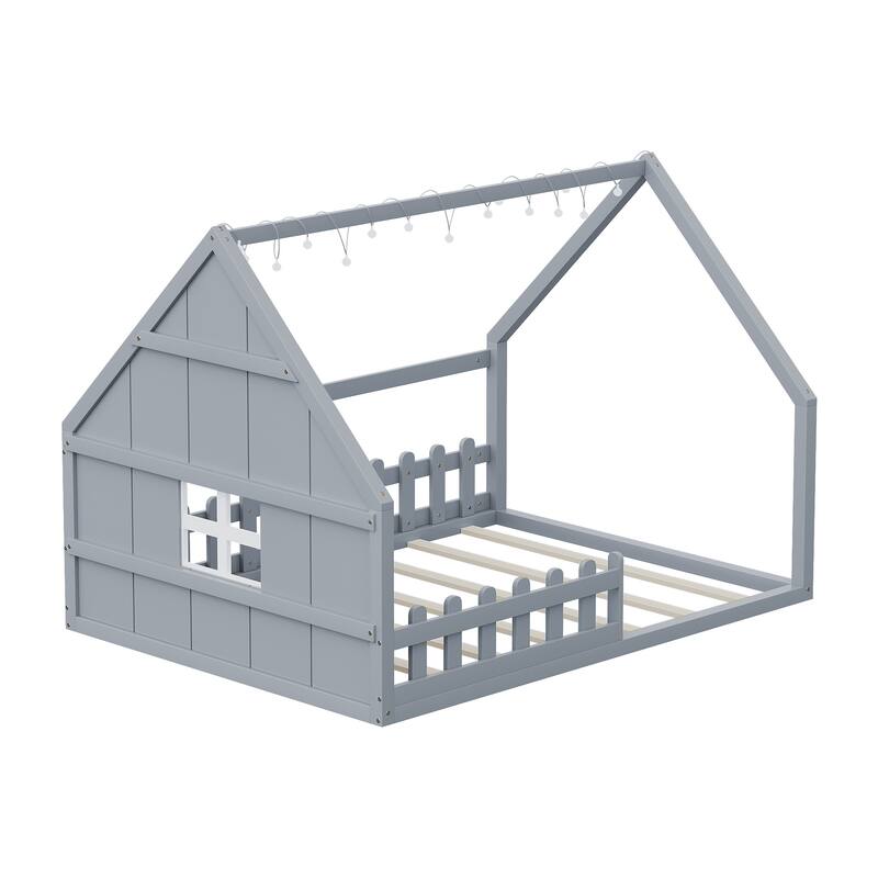 Full Size Wood House Bed With Window And Fence