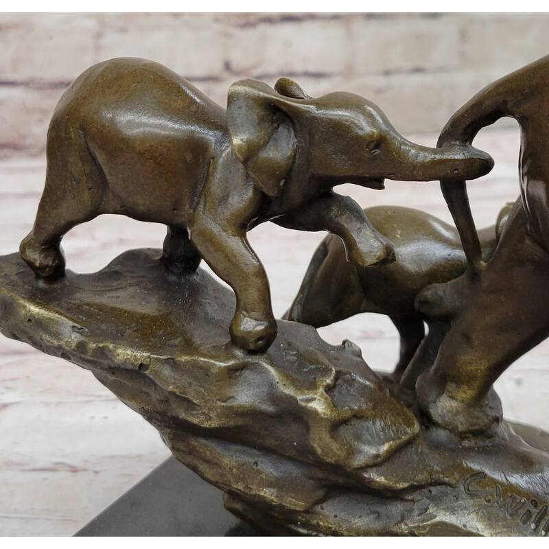 Mother Elephant And Baby Calf Bronze Statue Sculpture Original Art On Marble Base