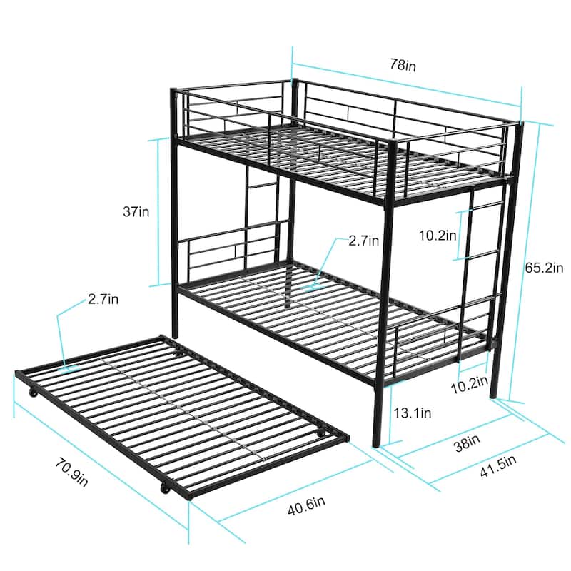 Twin Over Twin Bunk Bed with Trundle, Detachable Twin Bunk Beds w/ 2 Side Ladders & Full-Length Guardrails