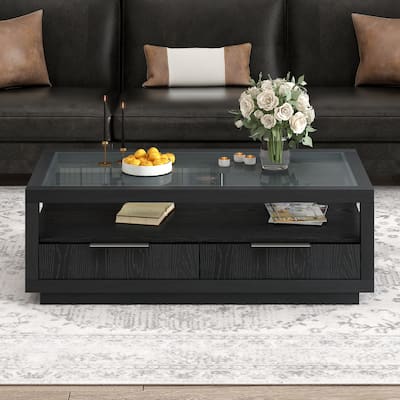 Modern Wood Coffee Table with 2 Drawers for Living Room