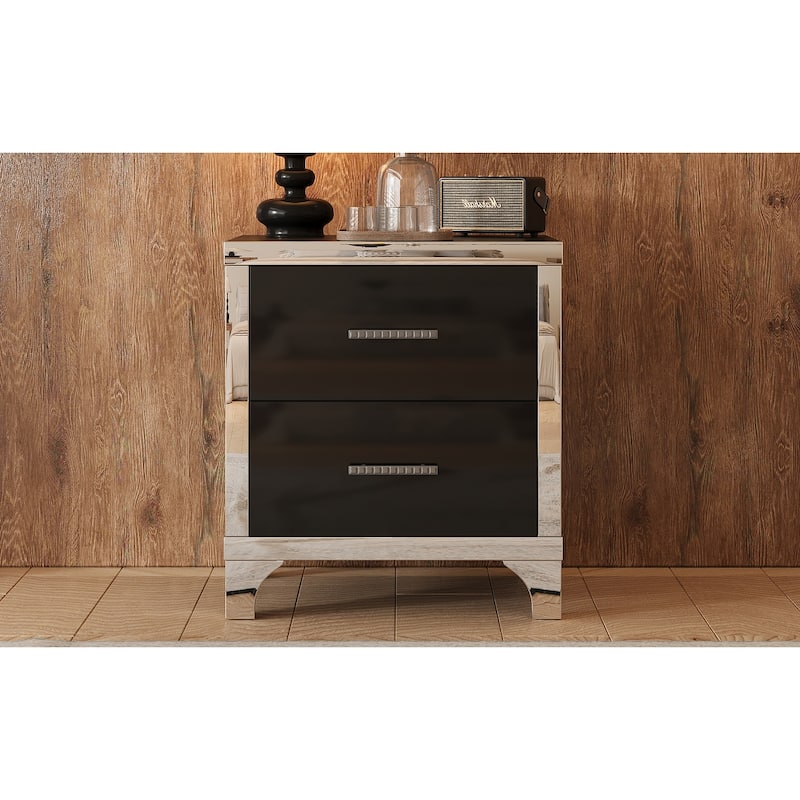 Mirrored Nightstand with 2 Drawers, Bedside Table with Metal Handle, Sofa Side Table with Mirrored Edge and Legs