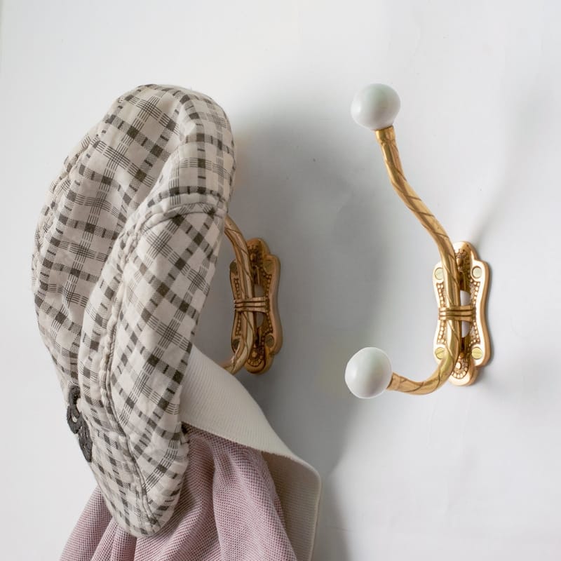 Double Coat Hook 6.25" L Brass Polish White Porcelain Ball Tip Style Wall Mount (Set of 4)