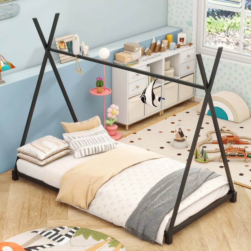 Twin Size Kids House Bed Tent Bed Frame, Triangle Structure for Kids, Fun Indoor Sleeping Space, Easy Assembly🏕️ - Black - Twin