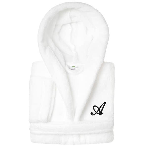 slide 2 of 105, Sweet Kids 100% Polyester SUPER PLUSH Double Brushed Hooded Bathrobe with Black Script Monogram A - Large