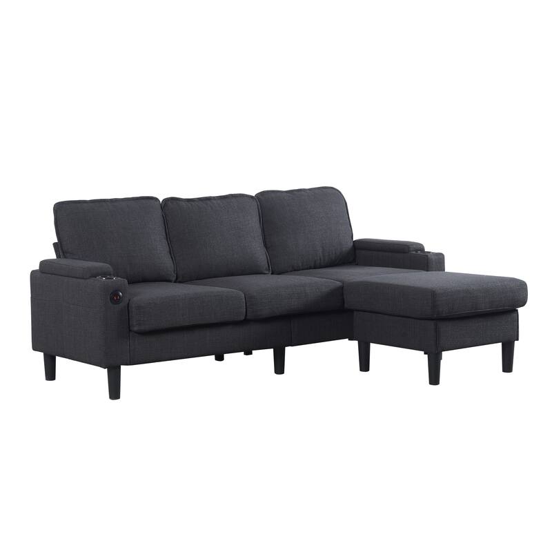 L Shaped Sectional Sofa with Storage Ottoman, Upholstered 3-Seater Sofa with USB Port, Cup Holders & Side Pockets