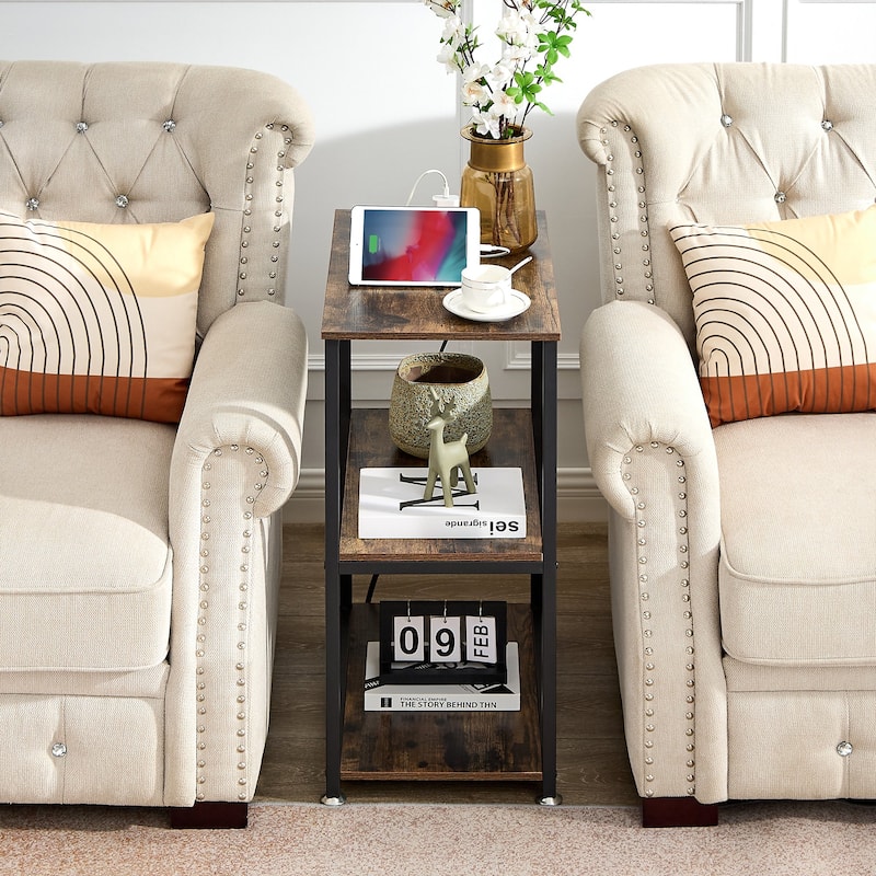 VECELO Industrial Nightstand with Charging Station 3-Tier End Table Bedside Table Black Steel Frame for Small Spaces