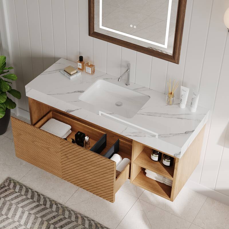48" Modern Floating Single Bathroom Vanities, Solid Wood, Brown or natural wood, 2 Drawers