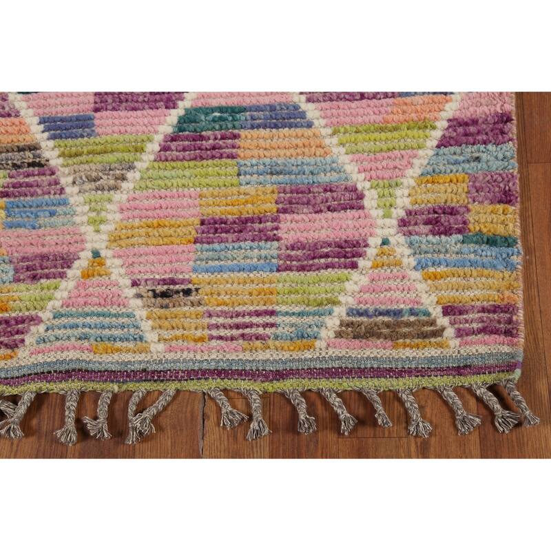 Hand Knotted Oriental 100% Wool Carpet Modern All-Over Multi-Colored Moroccan Runner Rug - 12' 9'' X 2' 5''