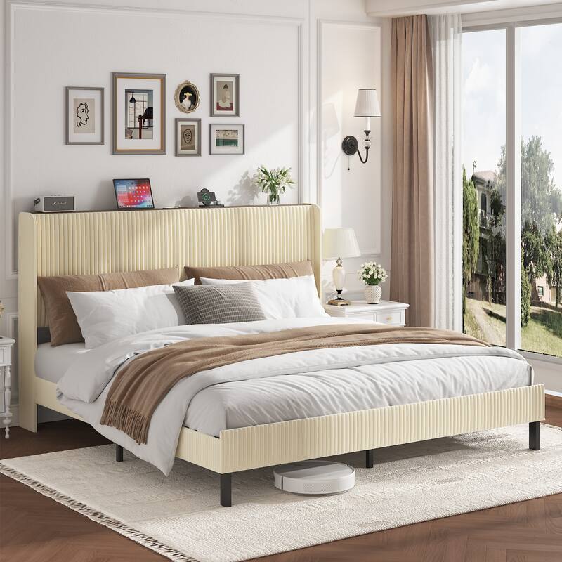 Roomfitters Metal Platform Bed Frame with Charging Station, Heavy Duty Mattress Foundation, No Box Spring Needed, Beige