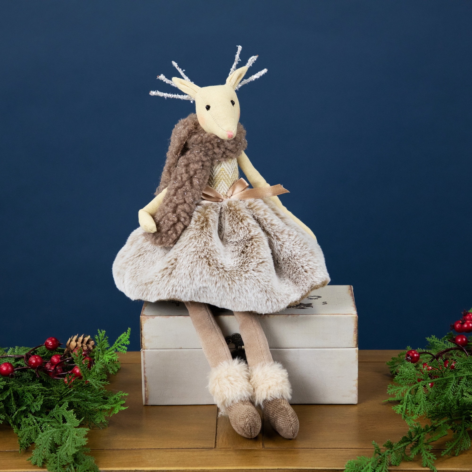 Sitting Reindeer Girl with Dangling Legs Christmas Figure - 18"