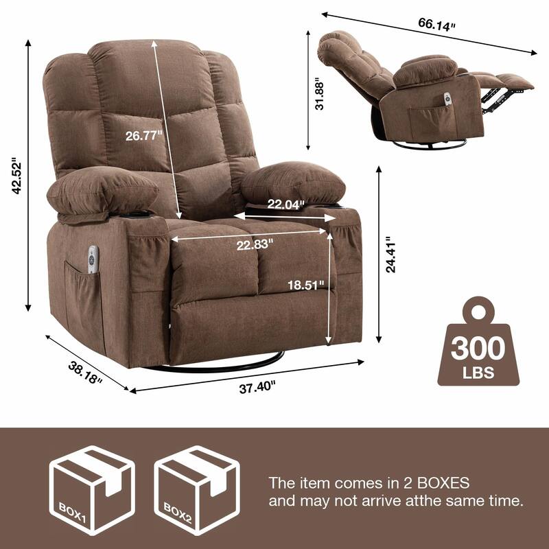 Massage Rocker Recliner Chair with Heat, USB Port, and Cup Holders