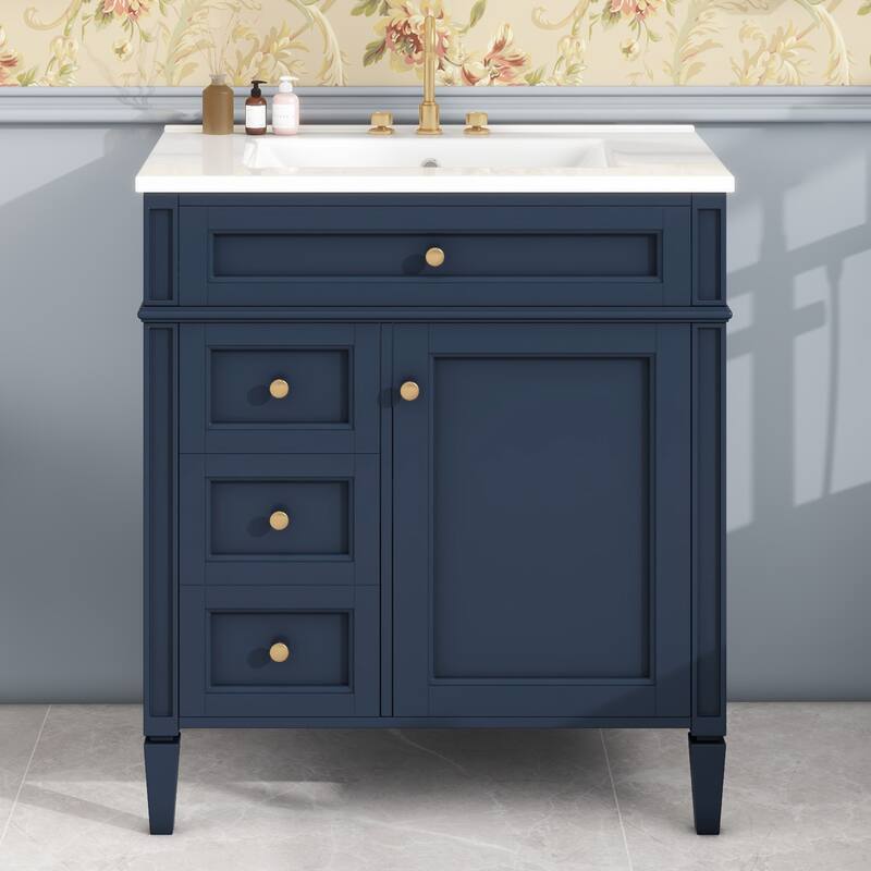 Modern 30" Bathroom Vanity with Ceramic Sink, 2 Drawers & Tip-Out Drawer for Bathroom Storage