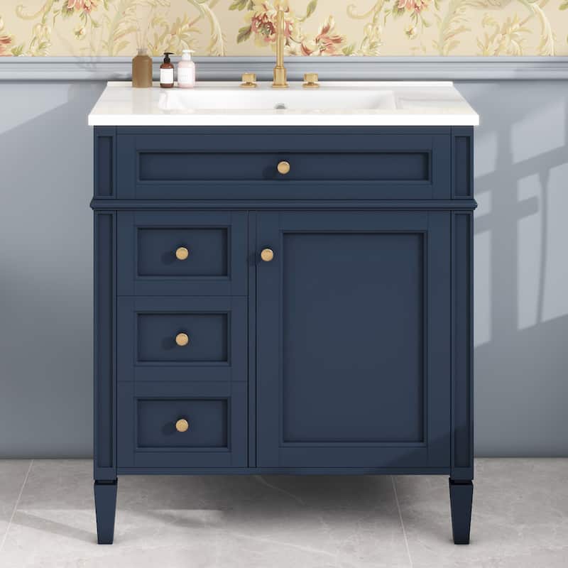 Roomfitters 30" Vanity with Sink, Modern Bathroom Cabinet with 2 Drawers and Tip-out Storage, Sleek Freestanding Design