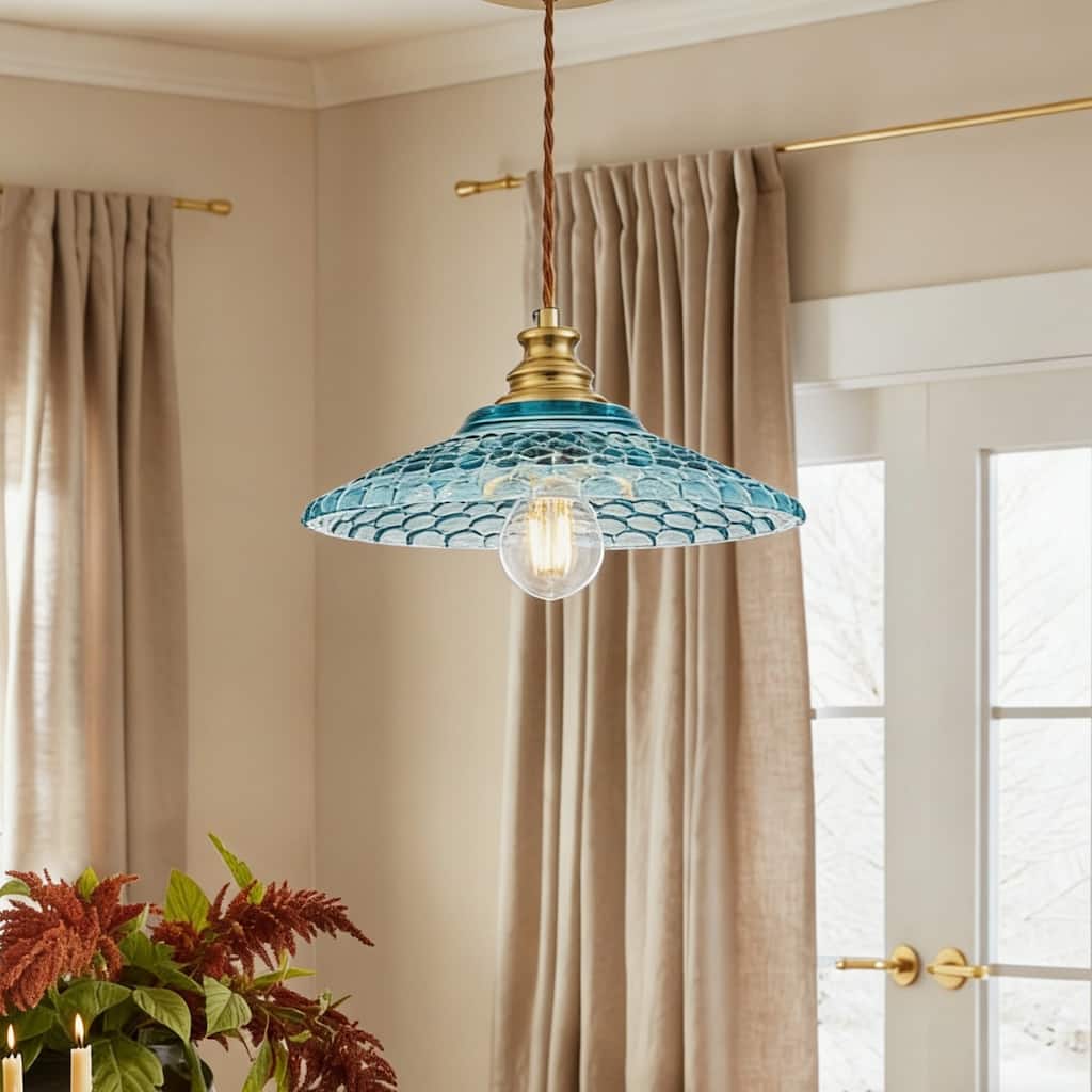 1-Light Vintage Brass & Textured Blue Glass Pendant Light for Kitchen Island - 1 Light