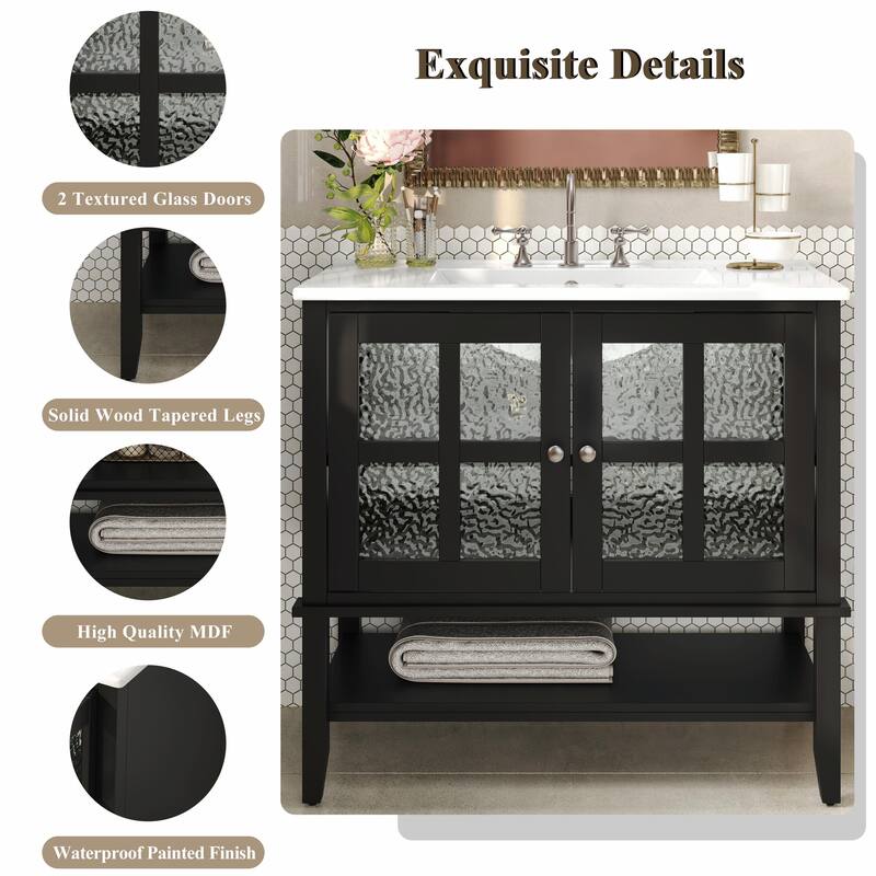 36" Bathroom Vanity with Ceramic Sink, Adjustable Shelf and Open Shelf, Solid Wood Legs, Waterproof Painted Finish
