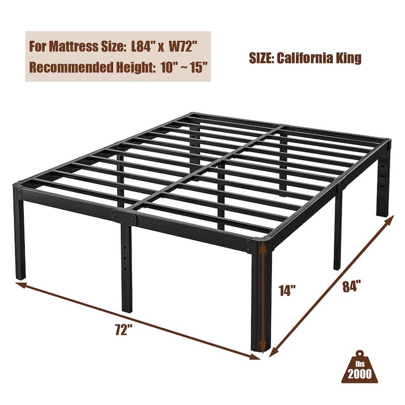 14" Heavy Duty Metal Bed Frame with Round Corners, Box Spring Not Required, Noise Free