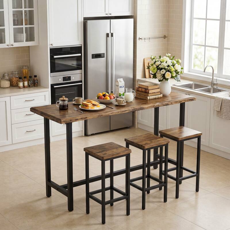 Solid Wood Long Bar Table with Metal Footrest - 63-Inch Long Counter Height Table for Home, Seats up to 6