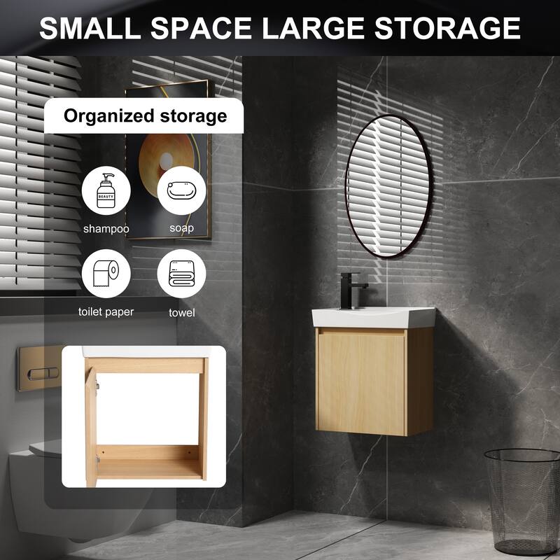 20" Wall-Mounted Bathroom Vanity with Ceramic Sink, Storage Cabinet with Door, Engineered Wood Base