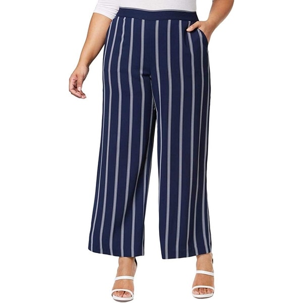Charter Club Women's Blue Size 1X Plus Wide Leg Striped Pants Stretch