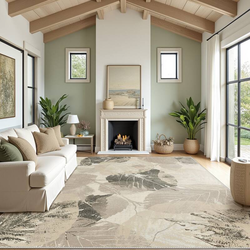 Mcow Leaf Collection Botanical Print Low-Pile Washable Area Rug - Khaki - 5' x 7' - Rectangle