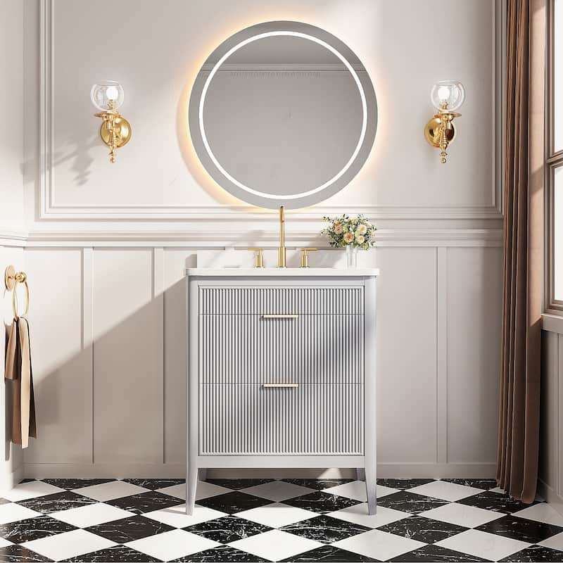 GDFStudio - Modern 30" Freestanding Bathroom Vanity with Engineered Carrara Marble Top & Integrated Sink, Fully Assembled - Grey