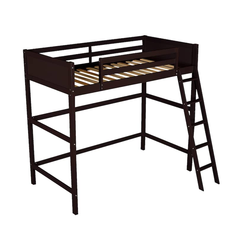 Modern Simple Style Twin Size Solid Pine Wood Loft Bed with Full Length Guardrail and Inclined Ladder